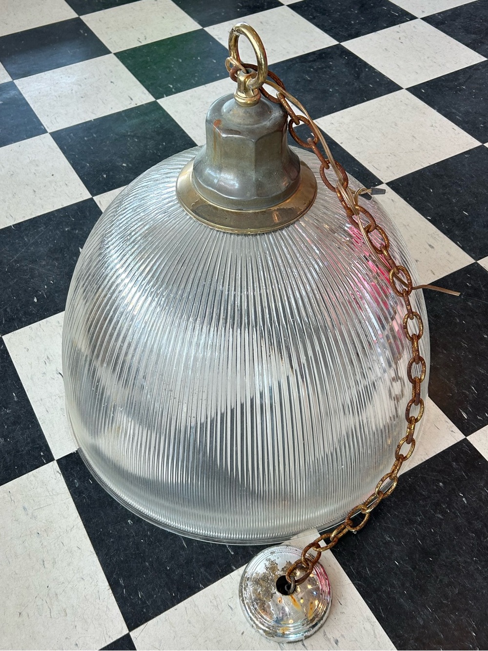 Huge glass industrial pendant light holophane 1940’s ribbed farmhouse